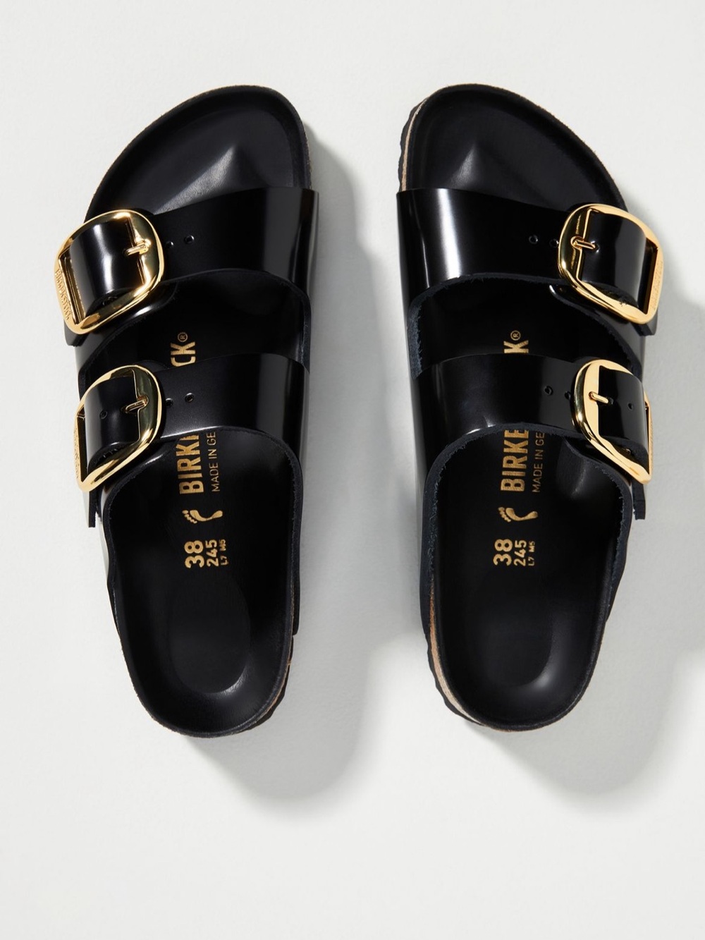 Birkenstock Black Arizona Glossy EVA Sandals with Gold Buckles - Picture 2 of 10